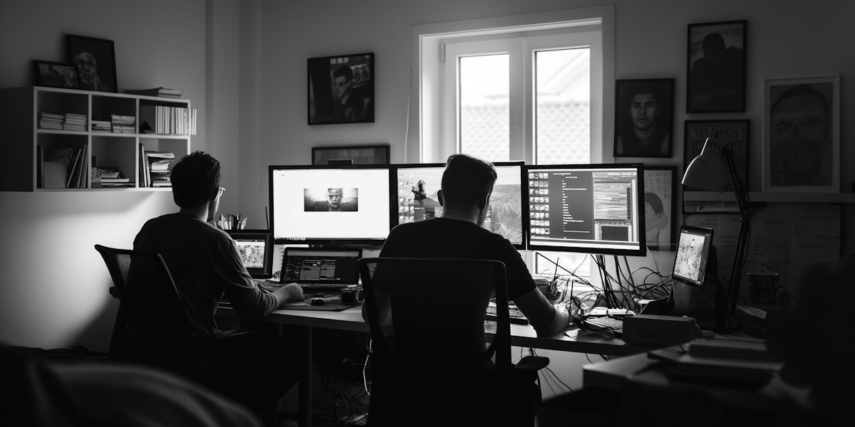 Two editors working at a post-production desk